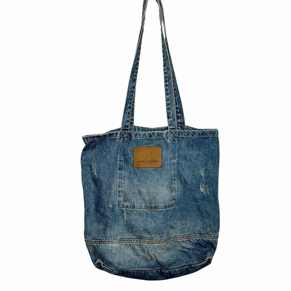 American Eagle Denim Spell Out Tote Bag Jean Y2K Distressed Shoulder Purse